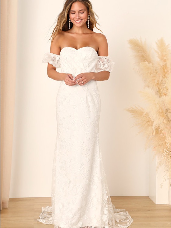 Magical Beginnings White 3d Floral Embroidered Off Shoulder Maxi Dress Bridal